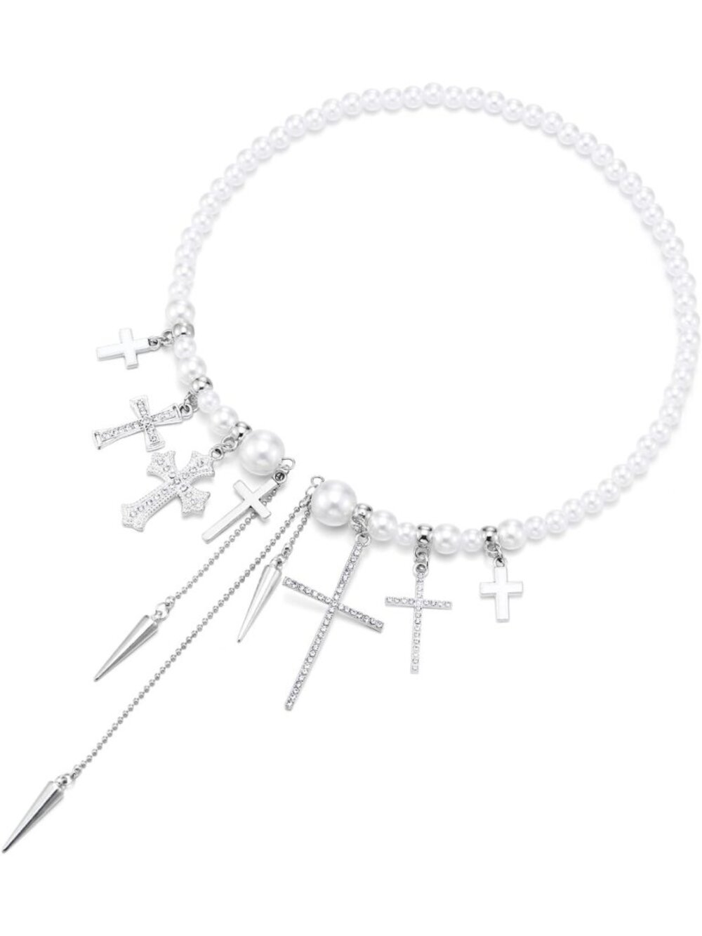 Layered Pearl Beaded Cross Charm Necklace | White Faux Pearl Choker Jewelry